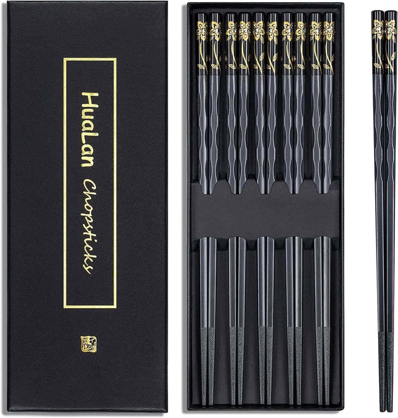 HuaLan Fiberglass Chopsticks Series - Japanese Non-Slip Chopstick, Reusable Chop Sticks Dishwasher Safe, 5 Pairs, Gift Set, 9.9 Inches, Black - Image 1